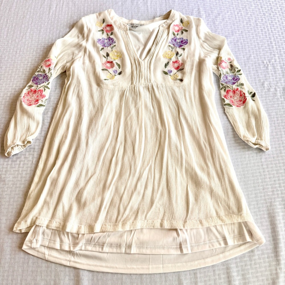 Hayden Los Angeles Floral Embroidered Boho Peasant Tunic Blouse Cream Lg Prairie